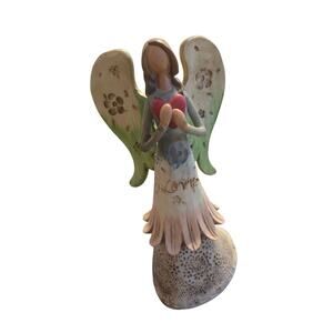 Vintage 10" Angel of Love Figurine Holding Red Heart Green Floral Wings